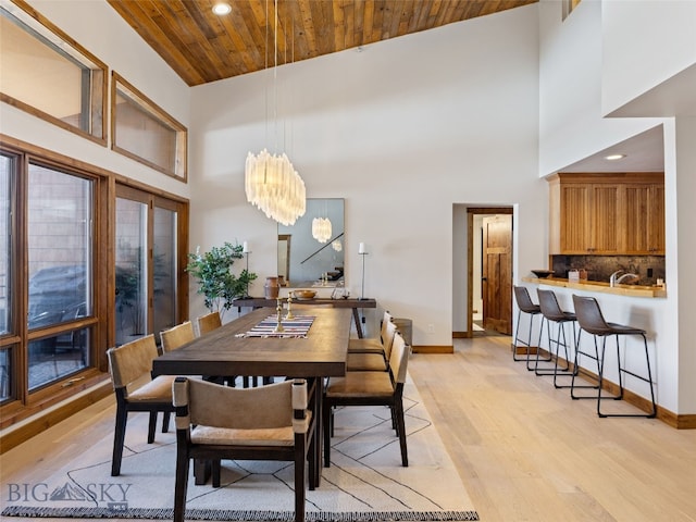 dining space with recessed lighting, wood ceiling, baseboards, and light wood finished floors