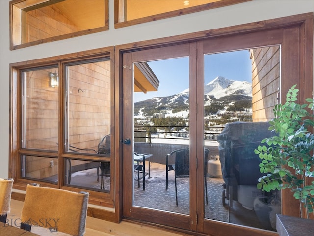 doorway to outside with plenty of natural light, wood finished floors, and a mountain view