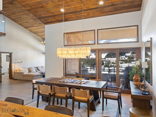 dining room featuring wood ceiling, high vaulted ceiling, and wood finished floors