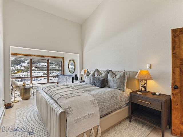 bedroom with high vaulted ceiling