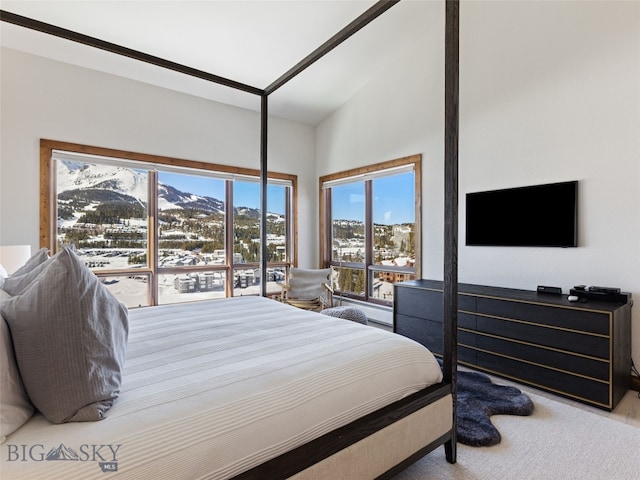 carpeted bedroom featuring vaulted ceiling