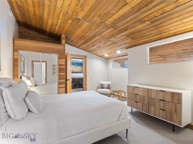 carpeted bedroom with recessed lighting, wooden ceiling, and vaulted ceiling