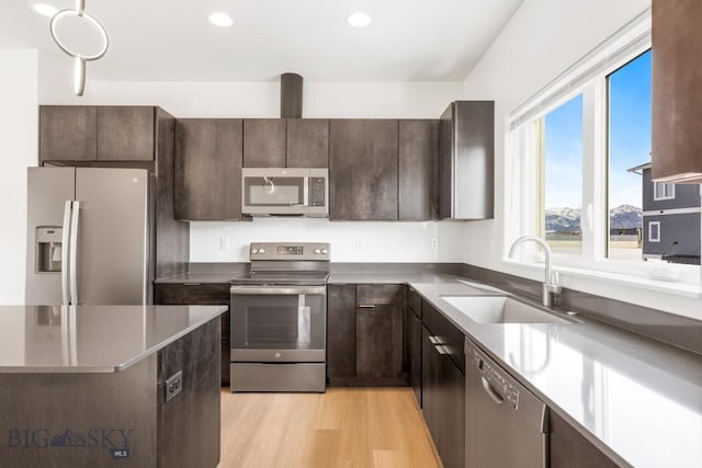 kitchen with a sink, light wood-type flooring, dark brown cabinetry, and appliances with stainless steel finishes