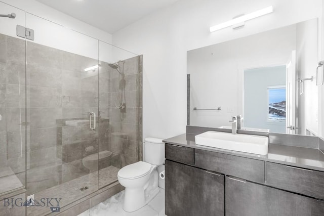 bathroom featuring vanity, a shower stall, toilet, and marble finish floor