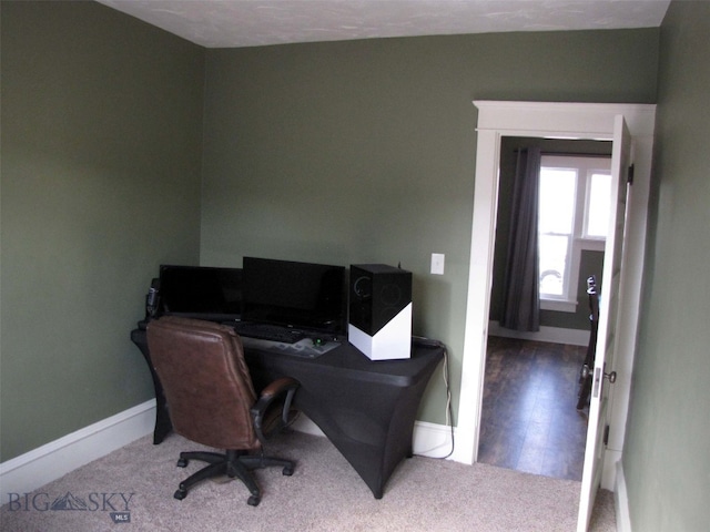 office with baseboards and carpet