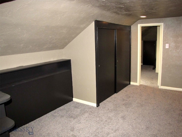 additional living space featuring baseboards, a textured ceiling, lofted ceiling, and carpet