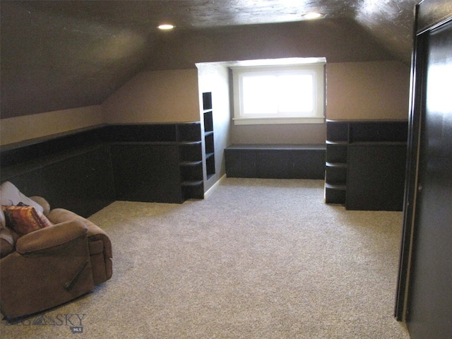 additional living space featuring vaulted ceiling and light carpet