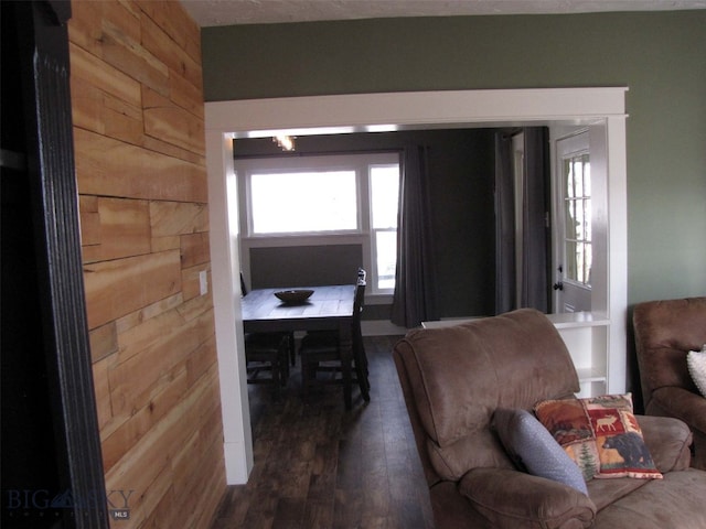 interior space featuring dark wood finished floors and wooden walls