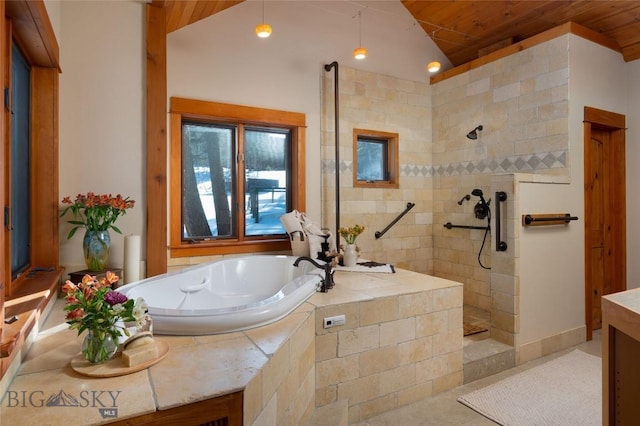 bathroom featuring a garden tub, walk in shower, wood ceiling, and vaulted ceiling