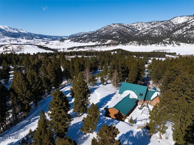 snowy aerial view featuring a forest view and a mountain view