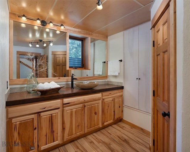 bathroom featuring vanity, rail lighting, and wood finished floors