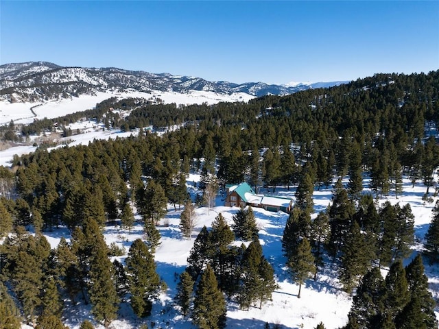 snowy aerial view with a mountain view and a view of trees