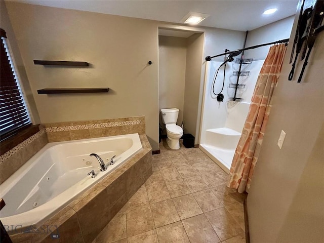 full bath featuring tile patterned flooring, toilet, a tub with jets, and a stall shower