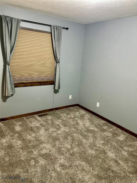 spare room featuring a textured ceiling, baseboards, and carpet floors