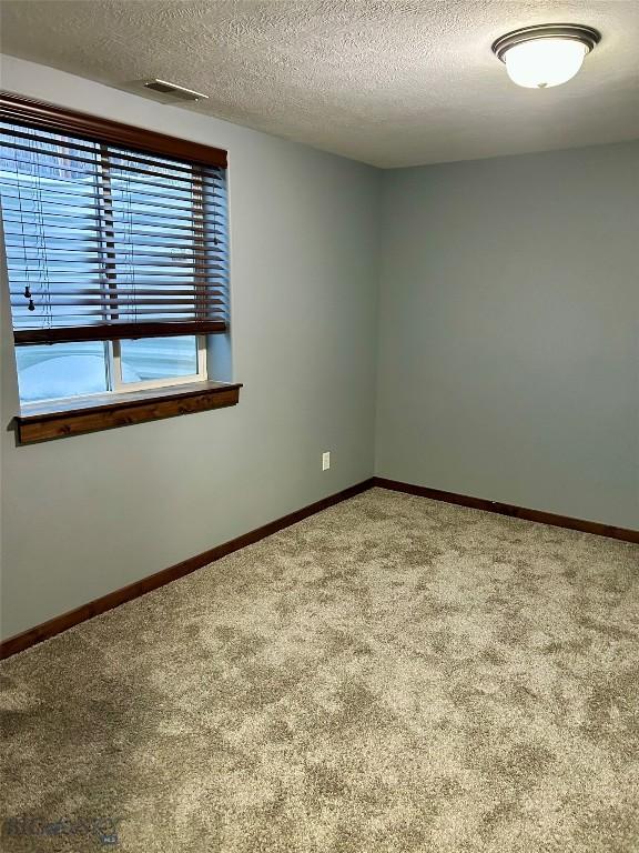 empty room featuring visible vents, carpet, baseboards, and a textured ceiling