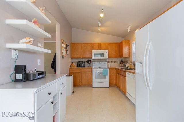 kitchen with open shelves, a sink, white appliances, light countertops, and lofted ceiling