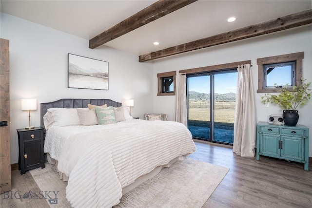 18287 Haasakker Rd, Three Forks, MT 59752 - bedroom with access to exterior, beamed ceiling, light wood-style floors, and recessed lighting