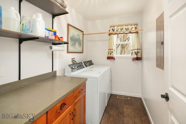 laundry area featuring visible vents, washer and dryer, electric panel, cabinet space, and baseboards