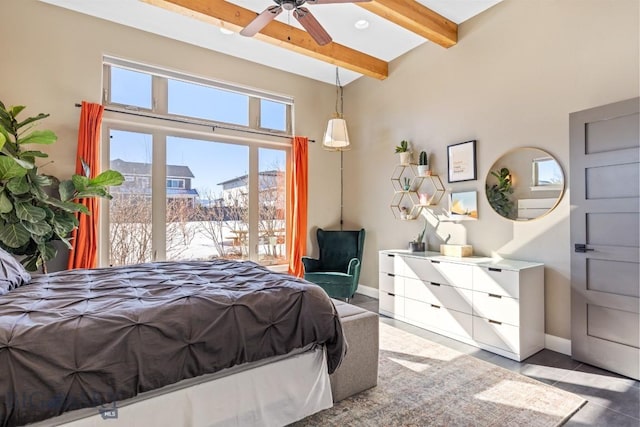 tiled bedroom featuring beamed ceiling and baseboards