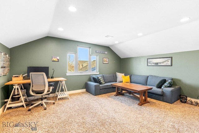 carpeted office featuring recessed lighting, baseboards, and vaulted ceiling