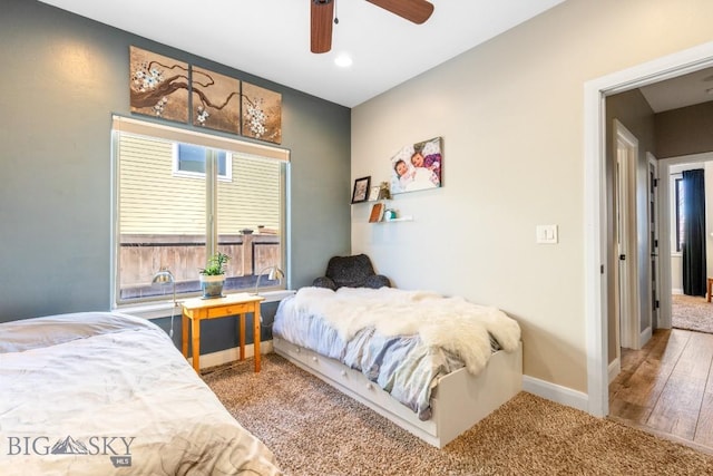 bedroom featuring recessed lighting, a ceiling fan, baseboards, and carpet floors