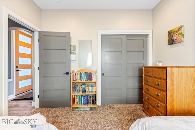 carpeted bedroom with a closet and arched walkways