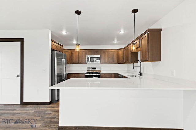 kitchen featuring a peninsula, dark wood-style flooring, a sink, light countertops, and appliances with stainless steel finishes