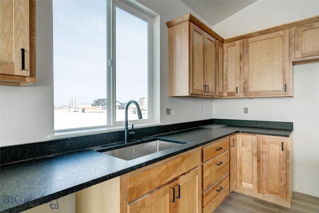 kitchen with dark stone counters, light wood finished floors, and a sink