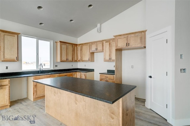 kitchen featuring light wood finished floors, vaulted ceiling, a center island, and a sink