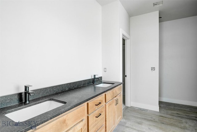 bathroom featuring double vanity, wood finished floors, baseboards, and a sink