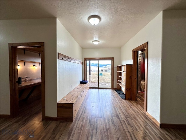 interior space with wood finished floors, baseboards, and a textured ceiling