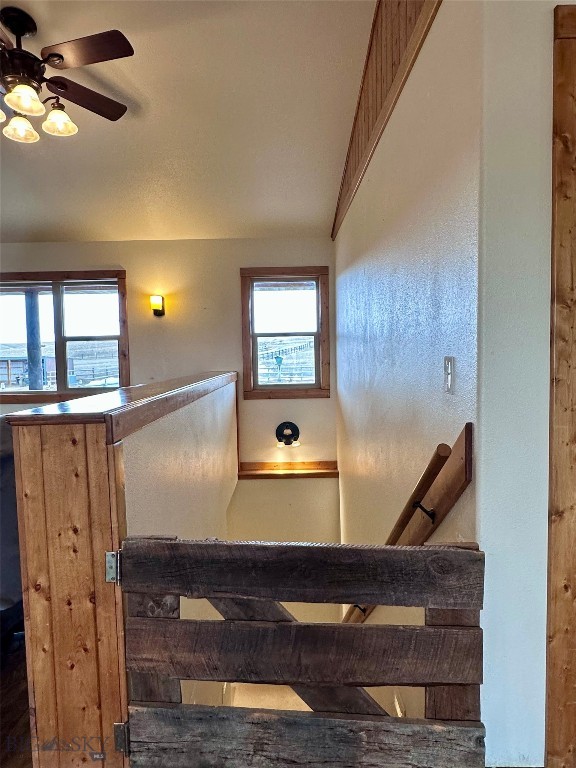 stairs featuring a wealth of natural light and ceiling fan