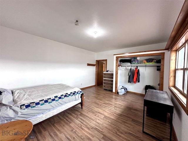 bedroom with wood finished floors, baseboards, and a closet