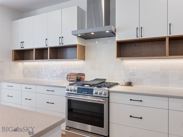 2824 S 30th Ave, Bozeman, MT 59718 - kitchen featuring wall chimney range hood, stainless steel gas range oven, decorative backsplash, and open shelves