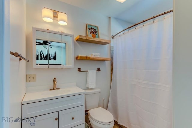 full bath with vanity, curtained shower, and toilet