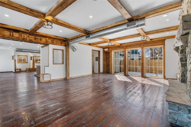 unfurnished living room with baseboards, beamed ceiling, hardwood / wood-style floors, a fireplace, and coffered ceiling