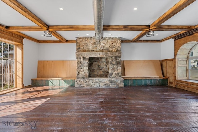 8005 Churchill Rd, Churchill, MT 59741 - unfurnished living room featuring coffered ceiling, hardwood / wood-style floors, and beam ceiling