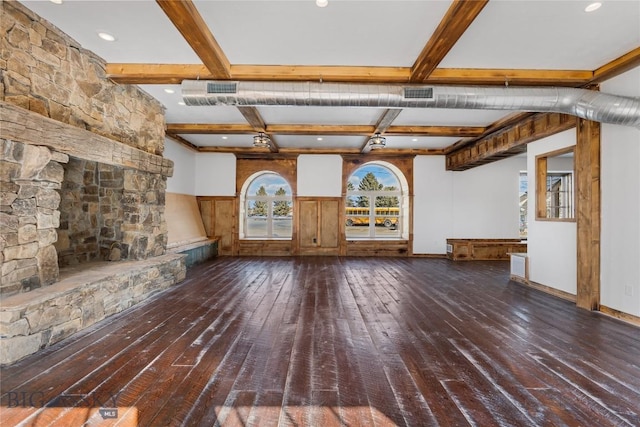 8005 Churchill Rd, Churchill, MT 59741 - unfurnished living room featuring recessed lighting, a wainscoted wall, hardwood / wood-style floors, and beam ceiling