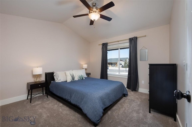 carpeted bedroom with baseboards, lofted ceiling, and ceiling fan