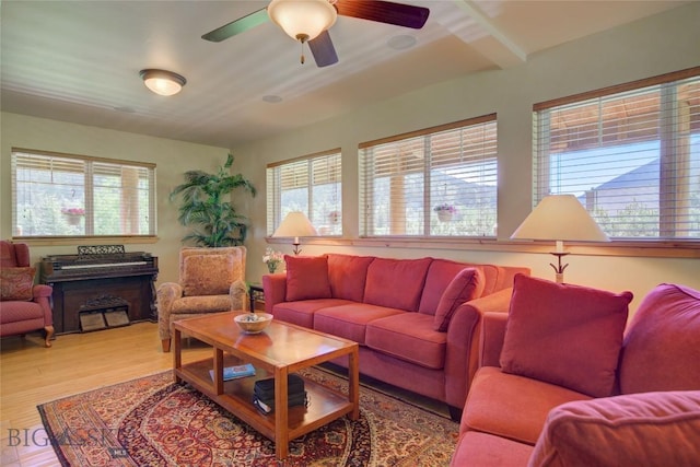 living area featuring plenty of natural light, wood finished floors, and a ceiling fan