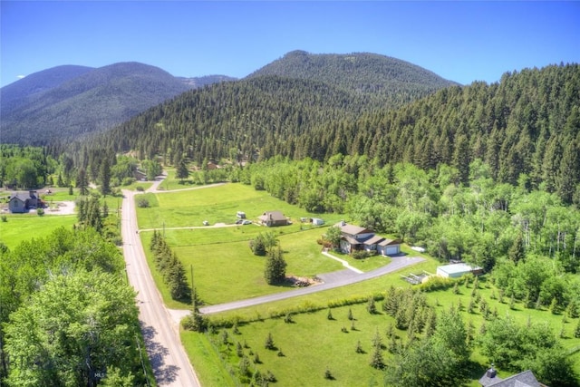 birds eye view of property featuring a mountain view and a forest view