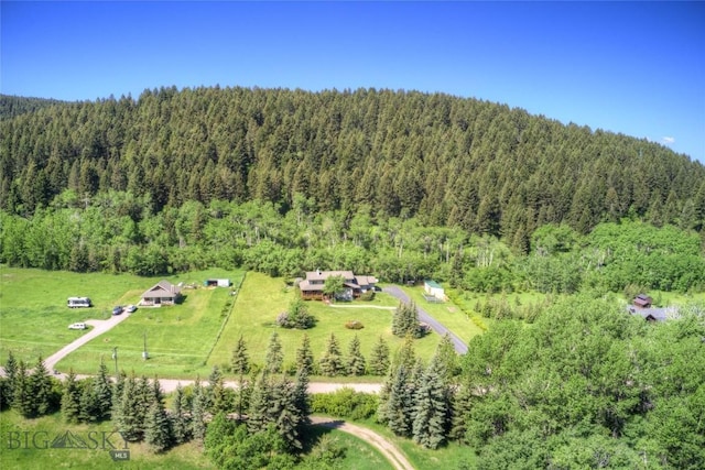 drone / aerial view featuring a view of trees and a rural view