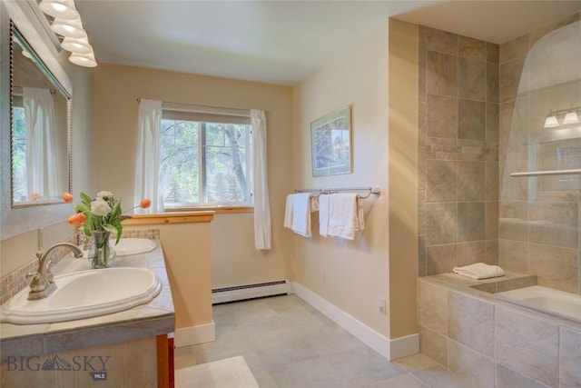 full bath featuring baseboards, tiled shower, a baseboard radiator, a sink, and tiled bath