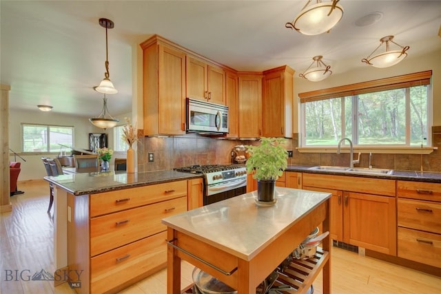 kitchen featuring a sink, light wood-style floors, tasteful backsplash, and stainless steel appliances