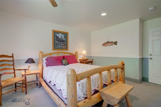 carpeted bedroom featuring recessed lighting, baseboards, and ceiling fan