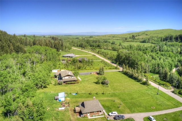 birds eye view of property with a rural view and a wooded view