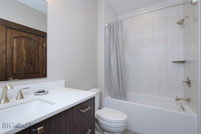 full bath with vanity, toilet, and shower / bathtub combination with curtain