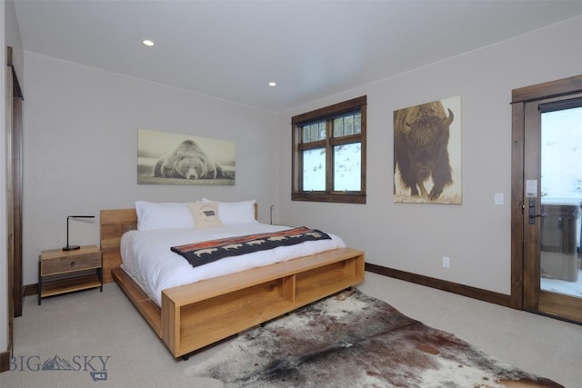 bedroom with recessed lighting, light colored carpet, and baseboards