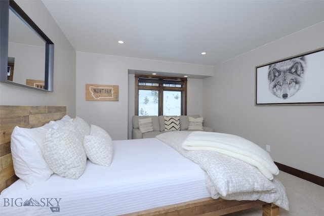 bedroom with carpet, recessed lighting, and baseboards