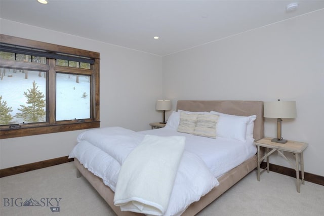 carpeted bedroom with recessed lighting and baseboards